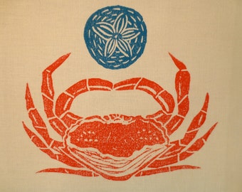 Block Printed Crab With Sand Dollar Tea Towel