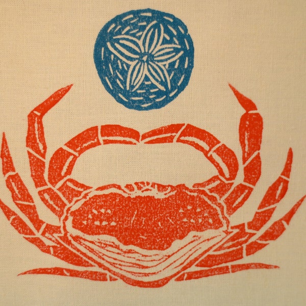 Block Printed Crab With Sand Dollar Tea Towel