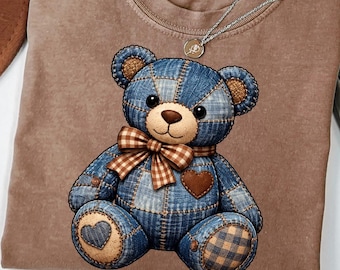 Patchwork Denim Teddy Bear PNG | Blue Jean Bear with Gingham Bow Illustration for Sublimation | DTF Transfer File for Apparel & Stickers