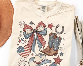 Patriotic Cowgirl PNG | Western 4th of July Bow Boots Design | USA Coquette Cowboy Hat Graphic | Americana Sublimation DTF Transfer File