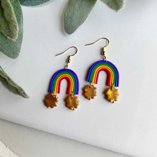 Rainbow Clay Earrings, Gold Clover Charms, Resin-Coated St. Patrick's Day Jewelry, Perfect Irish-Themed Gift