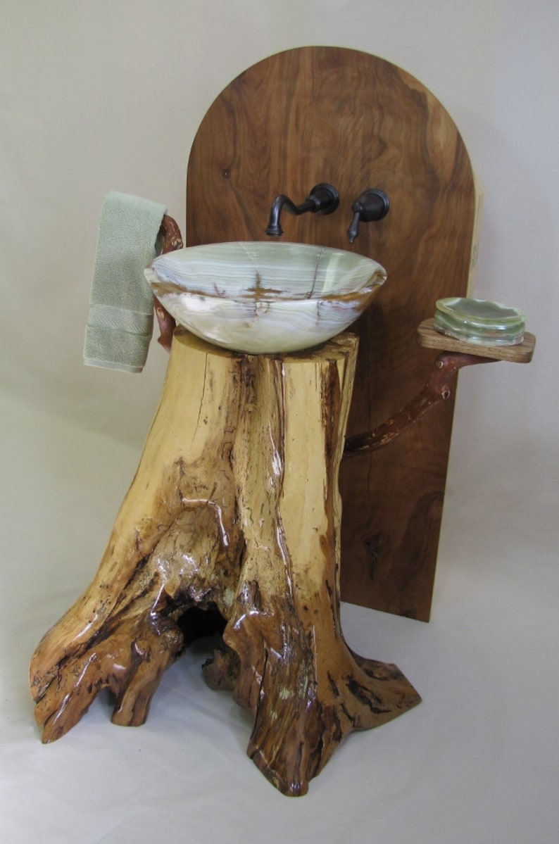 Chestnut Oak Pedestal Sink With Green Onyx Vessel Etsy