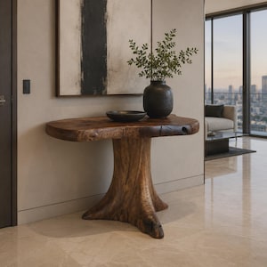 May include: A console table crafted from a single piece of natural wood, featuring a thick, irregular slab top supported by a wide, flared tree trunk base. A dark, textured ceramic vase containing green foliage sits on the table surface.