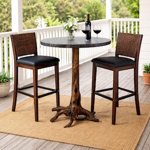 May include: A small outdoor bistro set with a round table and two bar stools. The table has a dark gray stone top and a unique wooden base. The bar stools have woven backs and black seats. A bottle of wine and two glasses are on the table.