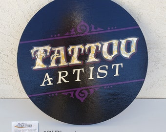 Tattoo Artist Studio Sign Hand Painted, Gilded with Variegated leaf 18" diameter Tattoo Sign