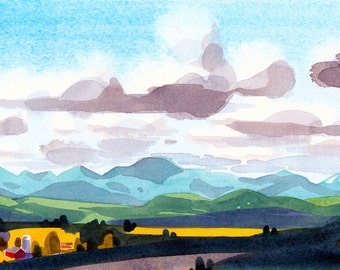 Looking West.  A lush, summery print of a watercolor showing Vermont's Champlain Valley and the Adirondacks.