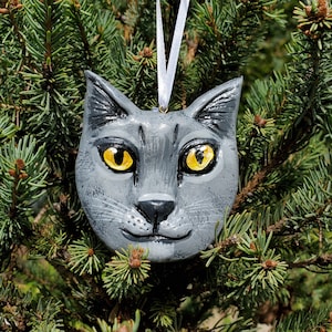 British Short Hair Cat Ornament- for the cat lover: a lightweight, handmade made and painted ornament.