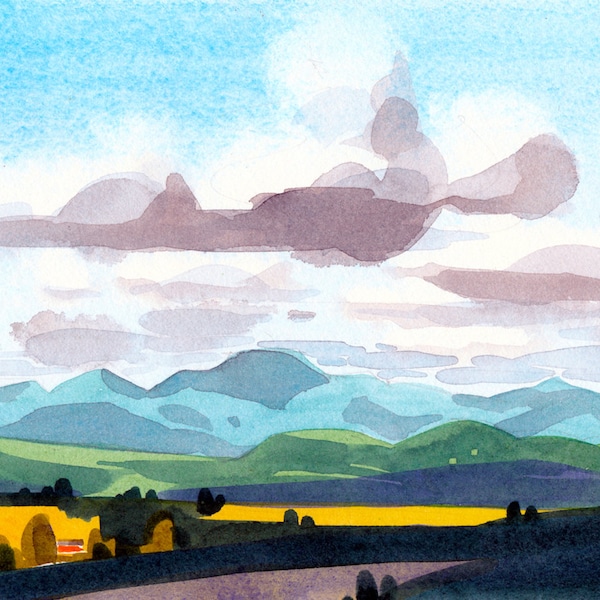 Looking West.  A lush, summery print of a watercolor showing Vermont's Champlain Valley and the Adirondacks.