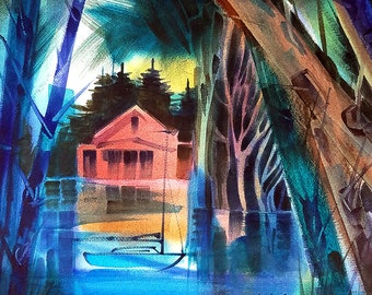 Have you always wanted a secret hideaway? You can only reach it by boat in this deeply atmospheric watercolor painting.