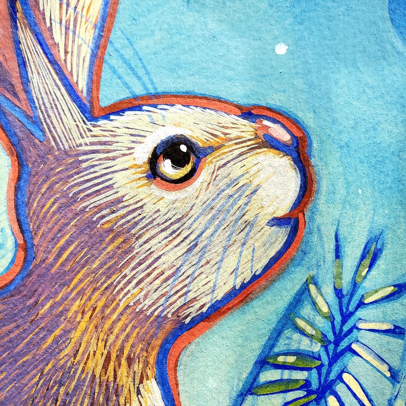 I painted this original painting of a Curious rabbit gazing up at the moon using opaque gouache on Arches watercolor paper. Rabbit and Moon