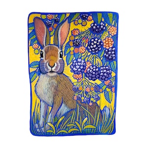 May include: A colorful illustration of a rabbit in a field of blackberries. The rabbit has brown fur and long ears, with a yellow background and blue border. The blackberries are purple and orange.