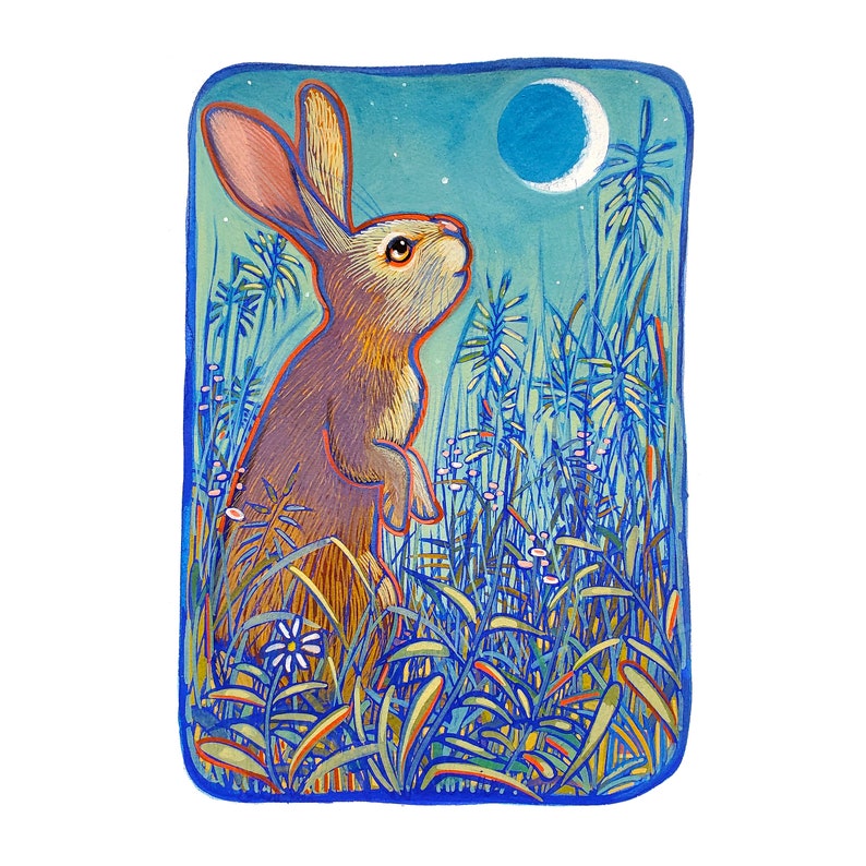 I painted this original painting of a Curious rabbit gazing up at the moon using opaque gouache on Arches watercolor paper. Rabbit and Moon