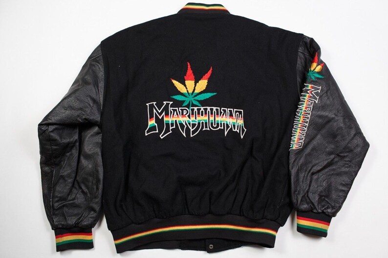 Vintage Marihuana Stadium Leather Jacket Weed 80/'s 90/'s Fashion Hip Hop