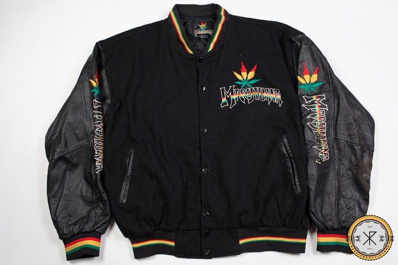 Vintage Marihuana Stadium Leather Jacket Weed 80/'s 90/'s Fashion Hip Hop