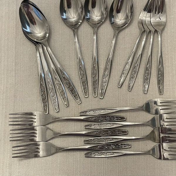 Vintage MCM EKCO Eterna Rose Cotillion Stainless Steel Flatware Salad Forks Soup Spoons Mid Century Mod Textured