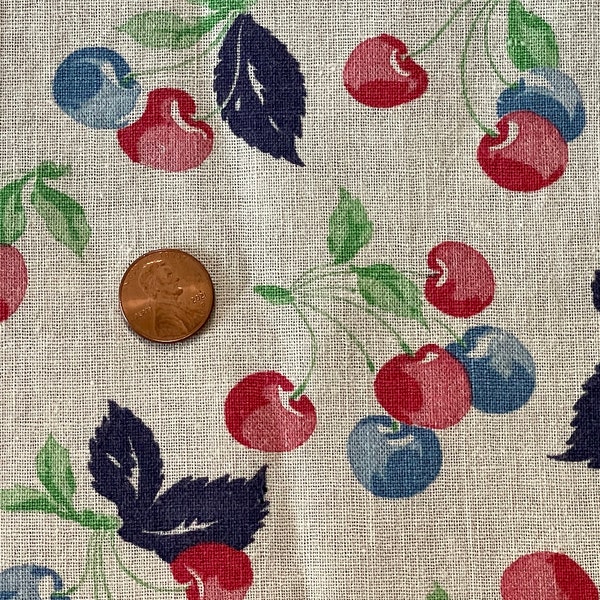 Vintage Feed Sack Fabric Red and Blue Cherries Full Feedsack 36 x 43 Cotton 1940s Fruit 232