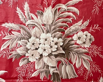 Vintage 1940s Red Floral Chintz Fabric 5 Yards 36 Inches Wide Glazed Polished Cotton