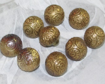 Vintage Set of 9 Ornate Pattern Brass BALL Shaped BUTTONS Matching Buttons, 7/16"