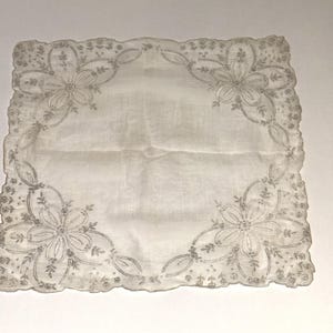 Vintage Embroidered White Wedding Hankie Handkerchief Madeira Type
