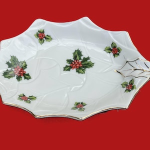 Vintage Lefton China Hand Painted Holly Christmas Dish Japan 8193 MCM