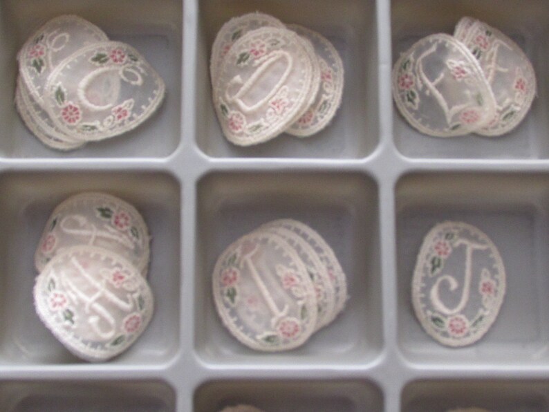 May include: Nine white lace appliques with embroidered letters and floral designs. The letters are I, J, L, D, E, and F.