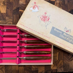 Vintage Mid Century Regent Sheffield Steak Knife Set of 6 Knives Boxed Stainless English Blades