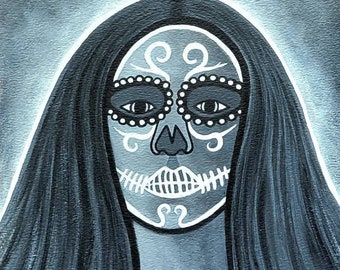 Day of the Dead (Dia de los Muertos) Mexican Woman Skull Skeleton Painted Face Goth Art - Original 9x12 Painting, Acrylic, Black White Gray