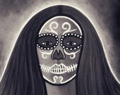 Day of the Dead (Dia de los Muertos) Mexican Woman Skull Skeleton Painted Face Goth Art - Black White Gray 10x12 Print (8x10 Print Area)