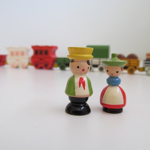 Hand Painted Wooden Train Set -  Miniature Vintage Scandinavian/German Train with Couple