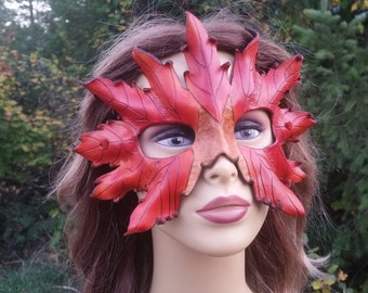 leather green and orange autumn leaf mask./Halloween mask