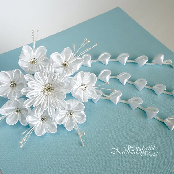 Blanc Tsumami Kanzashi, tissu Satin fleur cheveux peigne mariée demoiselles d'honneur filles de fleur de mariage