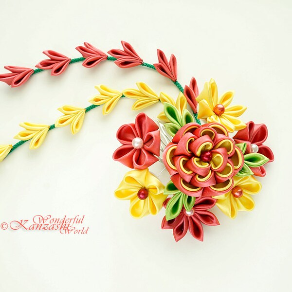 Crimson Red and Yellow Tsumami Kanzashi Flower Hair Comb Wedding Bridal Hair Accessories Cosplay Hair Accessory