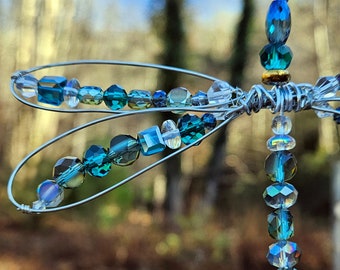 Beaded dragonfly ornament, glass beaded dragonfly suncatcher, blue dragonfly suncatcher, teal dragonfly hanging decoration, dragonfly gift