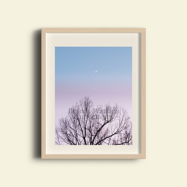 Crescent moon above trees printable art, cotton candy skies, cotton candy sky print, teen girl wall art, teen girl room decor, moon print