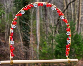 Red beaded hummingbird swings, red suncatcher swing, hummingbird swing, glass beaded bully perch, bully perch, garden decor, outdoor decor