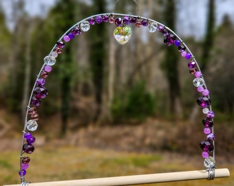 Purple glass beaded wire wrapped hummingbird swing, heart suncatcher, garden decor, suncatcher swing, hummingbird swing, bully perch swing