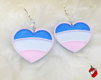 3D printed glitter heart Trans Pride flag dangle earrings  | pink, blue, glitter, cute, Pride, LGBTQIA+