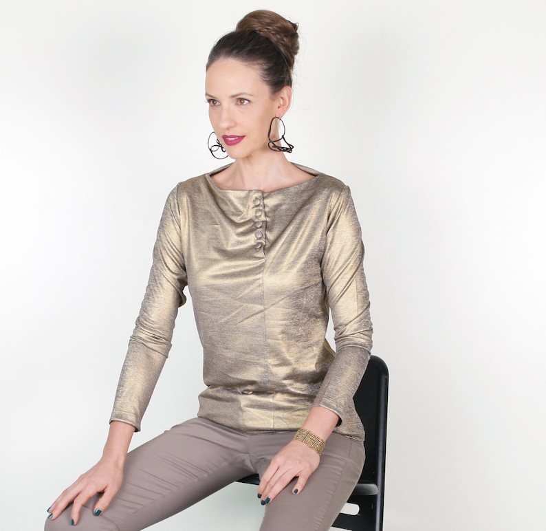 Asymmetrical Top Metallic Shirt V neck Top Unique Clothes Longsleeve Fitted Shirt Evening Tops Feminine Clothing ON SALE Gold Blouse