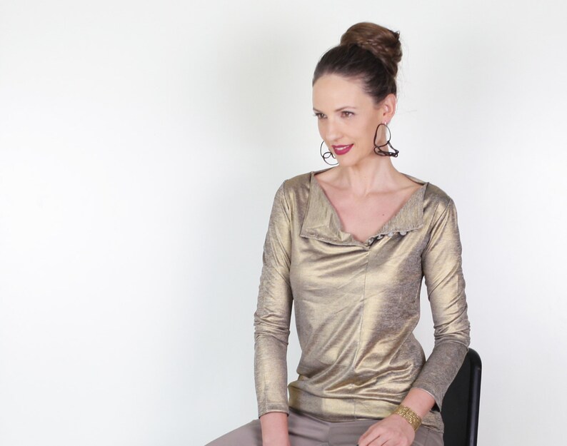 Asymmetrical Top Metallic Shirt V neck Top Unique Clothes Longsleeve Fitted Shirt Evening Tops Feminine Clothing ON SALE Gold Blouse