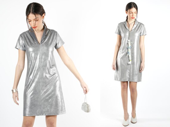 silver metallic midi dress