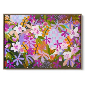 Colourful botanicals lilies flowers gingham - framed canvas art print