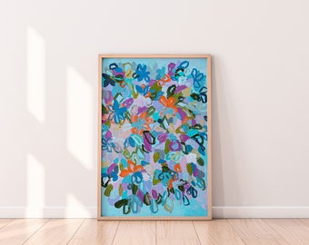 Blue abstract floral painting scattered - botanical art print