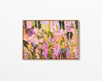 Lilac and pink floral trailing landscape - framed canvas art print