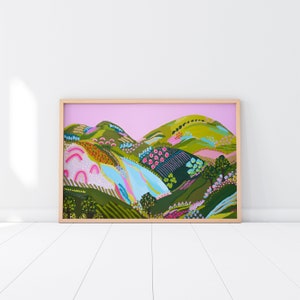 Lilac abstract green mountain landscape - Scenic Art Paper Print