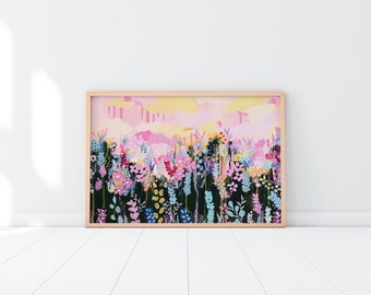 Pink sunset sky and flower meadow - botanical art print