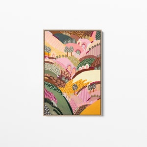 Paisaje de montaña de cielo rosa colorido - impresión de arte de lienzo enmarcado