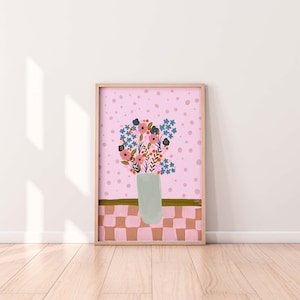Ramo floral margarita florero amapola vichy - Ilustración Lámina artística