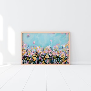 Bright blue sky with flower field - Fine Art Print