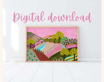 Pink mountains - nursery landscape print (DIGITAL DOWNLOAD)