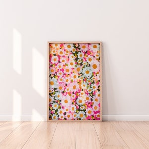 Pink daisy flower field - botanical art print